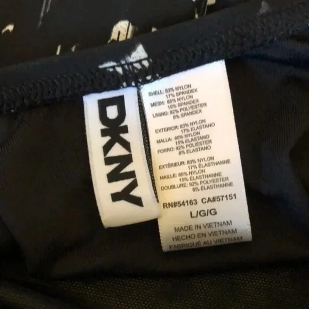 DKNY Women Large Black White Ruffle Neck One Piece‎ Swimsuit Abstract Dot New
